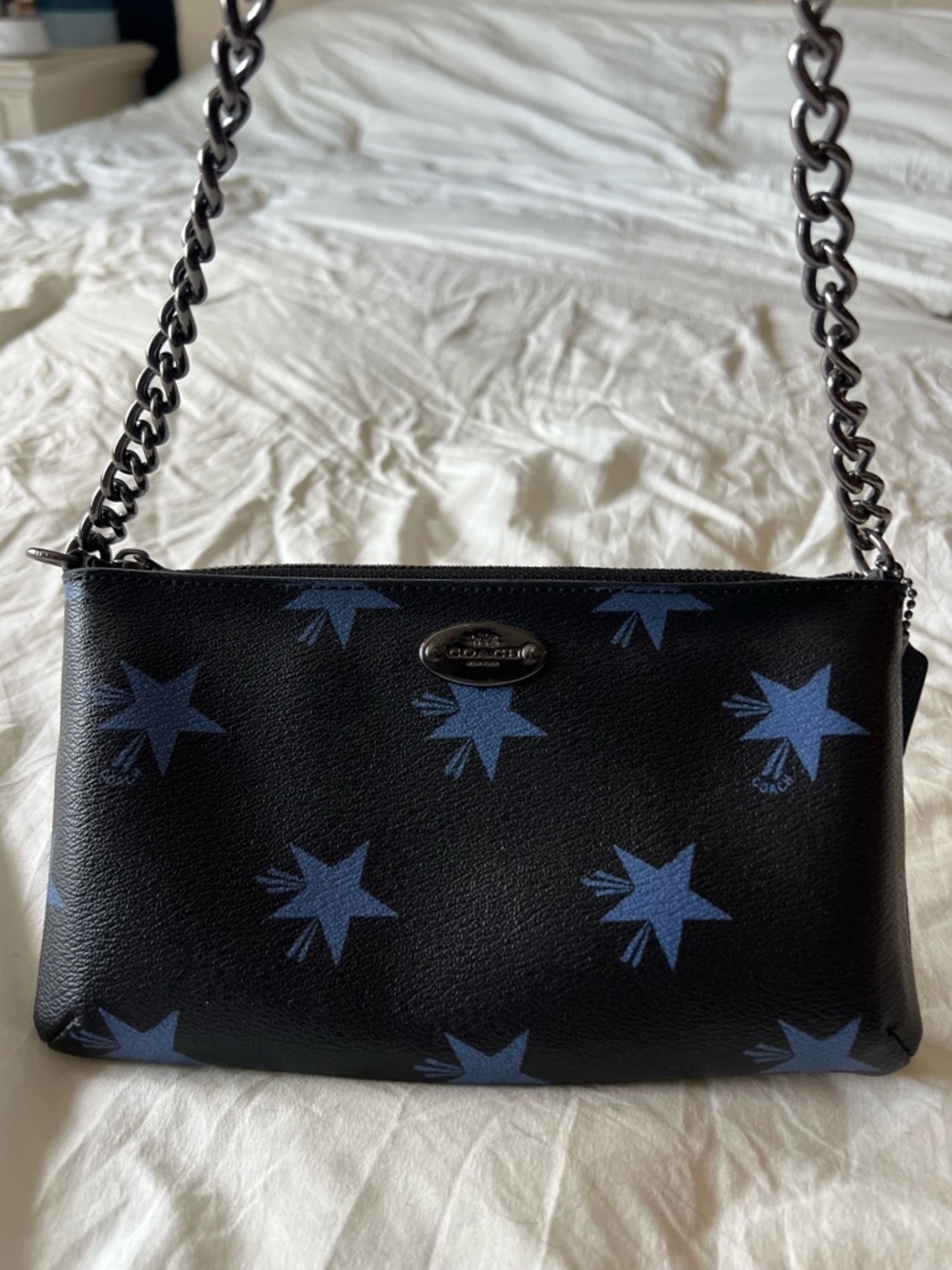 Coach Quinn Star Canyon Crossbody Bag with Blue Star Print and Chain Strap